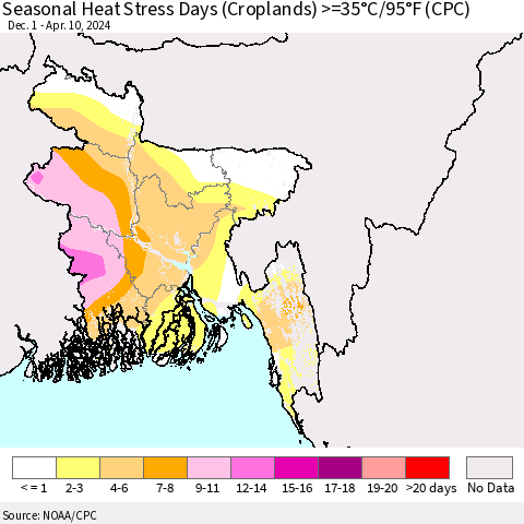 Bangladesh Seasonal Heat Stress Days (Croplands) >=35°C/95°F (CPC) Thematic Map For 12/1/2023 - 4/10/2024