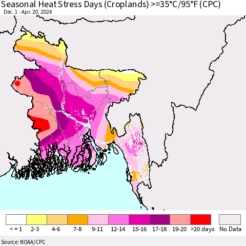 Bangladesh Seasonal Heat Stress Days (Croplands) >=35°C/95°F (CPC) Thematic Map For 12/1/2023 - 4/20/2024