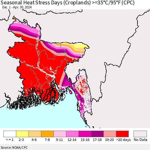 Bangladesh Seasonal Heat Stress Days (Croplands) >=35°C/95°F (CPC) Thematic Map For 12/1/2023 - 4/30/2024