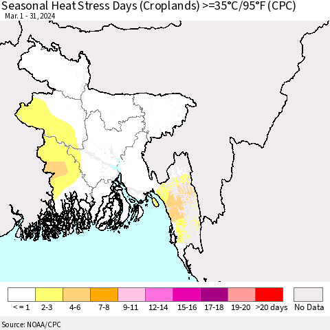 Bangladesh Seasonal Heat Stress Days (Croplands) >=35°C/95°F (CPC) Thematic Map For 3/1/2024 - 3/31/2024