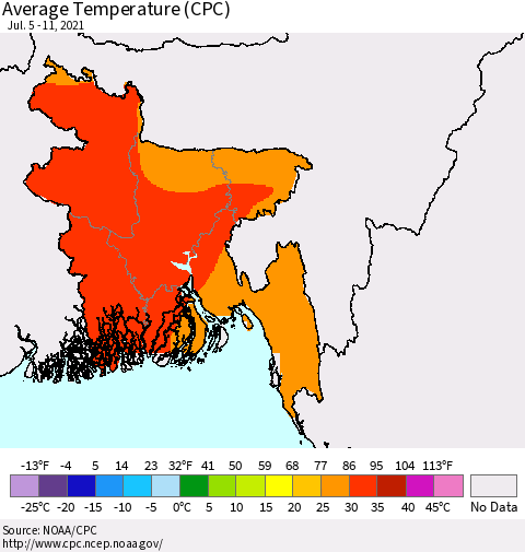 Bangladesh Average Temperature (CPC) Thematic Map For 7/5/2021 - 7/11/2021