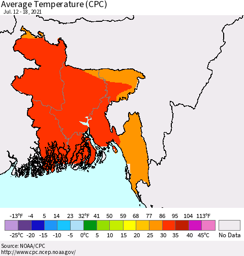 Bangladesh Average Temperature (CPC) Thematic Map For 7/12/2021 - 7/18/2021
