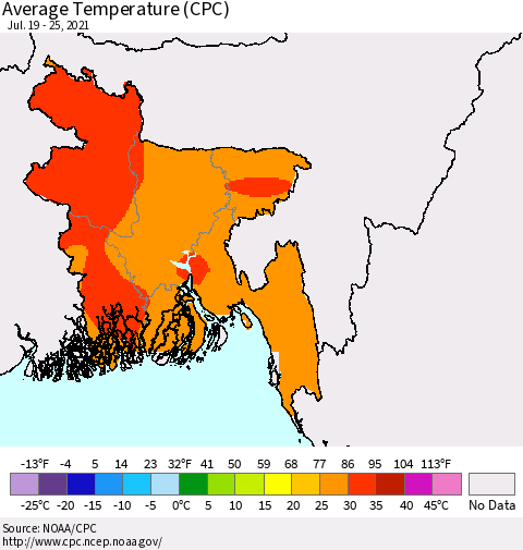 Bangladesh Average Temperature (CPC) Thematic Map For 7/19/2021 - 7/25/2021