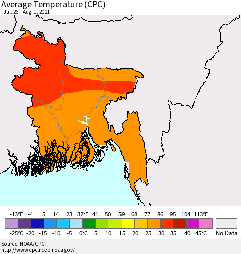 Bangladesh Average Temperature (CPC) Thematic Map For 7/26/2021 - 8/1/2021