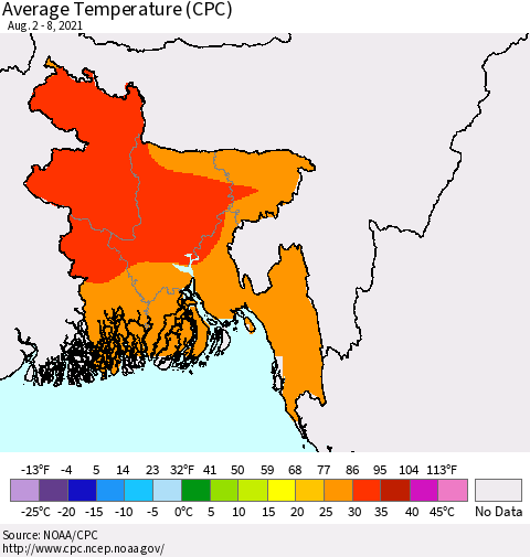 Bangladesh Average Temperature (CPC) Thematic Map For 8/2/2021 - 8/8/2021