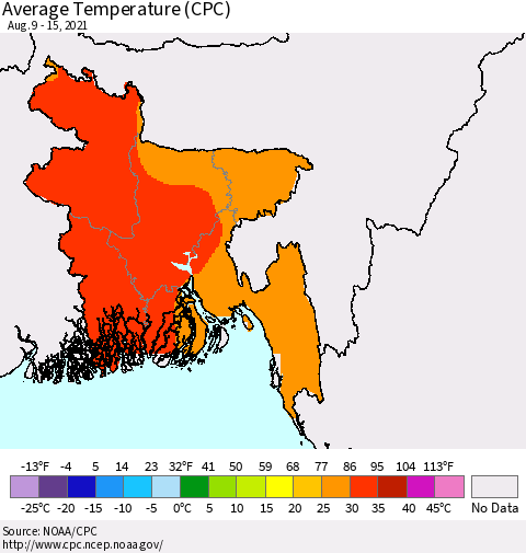 Bangladesh Average Temperature (CPC) Thematic Map For 8/9/2021 - 8/15/2021