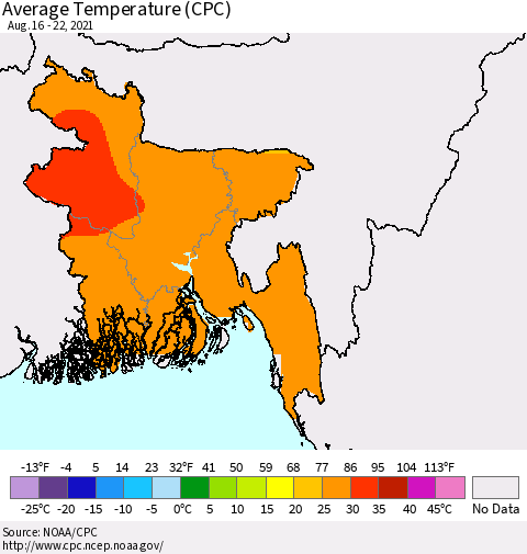 Bangladesh Average Temperature (CPC) Thematic Map For 8/16/2021 - 8/22/2021