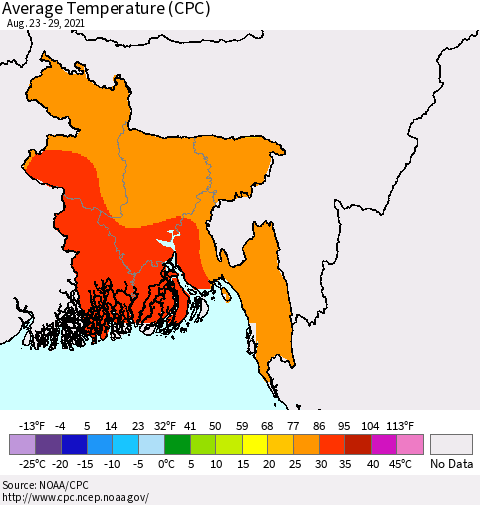 Bangladesh Average Temperature (CPC) Thematic Map For 8/23/2021 - 8/29/2021
