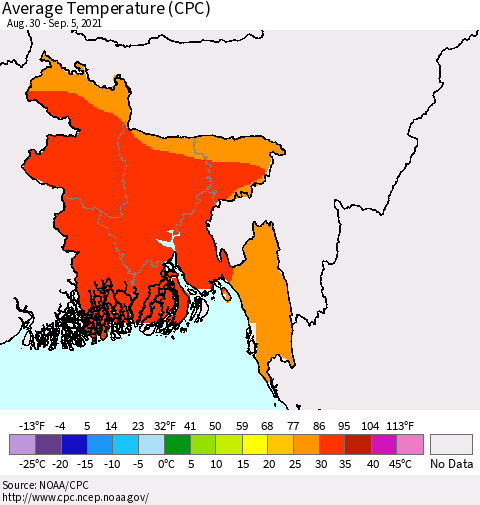 Bangladesh Average Temperature (CPC) Thematic Map For 8/30/2021 - 9/5/2021