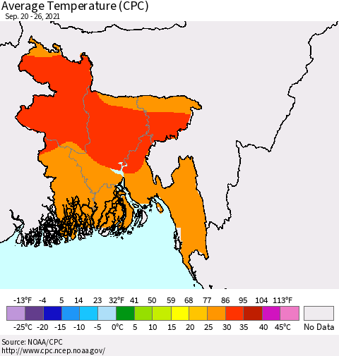 Bangladesh Average Temperature (CPC) Thematic Map For 9/20/2021 - 9/26/2021