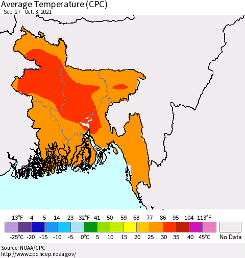 Bangladesh Average Temperature (CPC) Thematic Map For 9/27/2021 - 10/3/2021