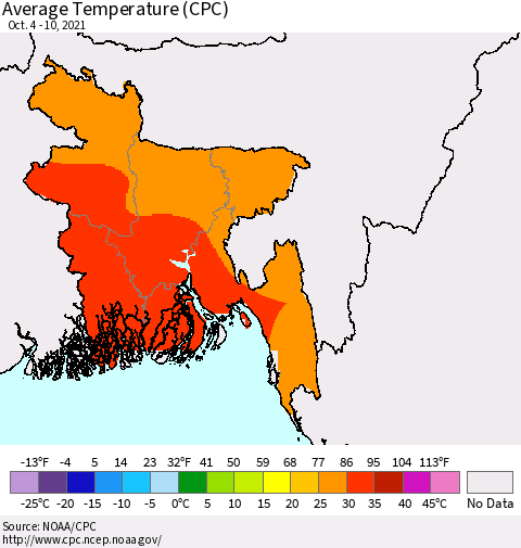 Bangladesh Average Temperature (CPC) Thematic Map For 10/4/2021 - 10/10/2021