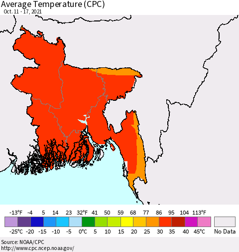 Bangladesh Average Temperature (CPC) Thematic Map For 10/11/2021 - 10/17/2021
