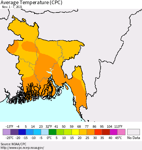 Bangladesh Average Temperature (CPC) Thematic Map For 11/1/2021 - 11/7/2021