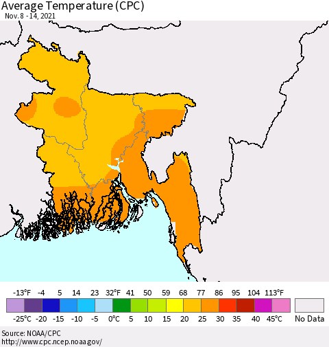 Bangladesh Average Temperature (CPC) Thematic Map For 11/8/2021 - 11/14/2021
