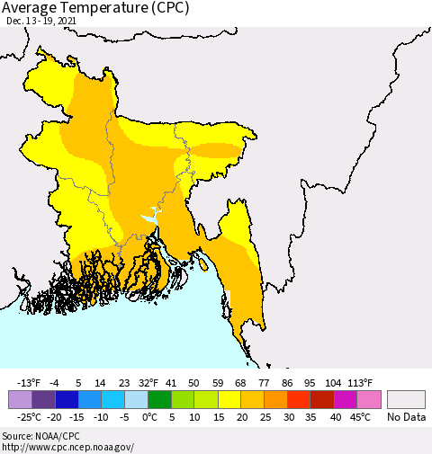 Bangladesh Average Temperature (CPC) Thematic Map For 12/13/2021 - 12/19/2021