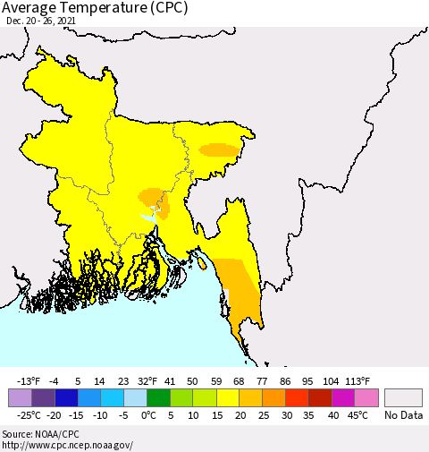 Bangladesh Average Temperature (CPC) Thematic Map For 12/20/2021 - 12/26/2021