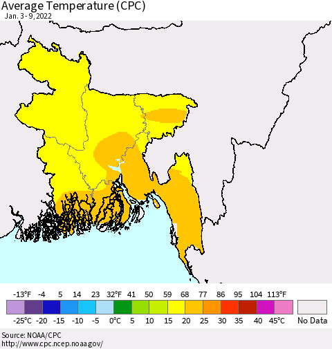 Bangladesh Average Temperature (CPC) Thematic Map For 1/3/2022 - 1/9/2022