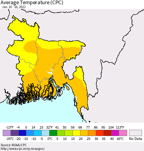 Bangladesh Average Temperature (CPC) Thematic Map For 1/10/2022 - 1/16/2022