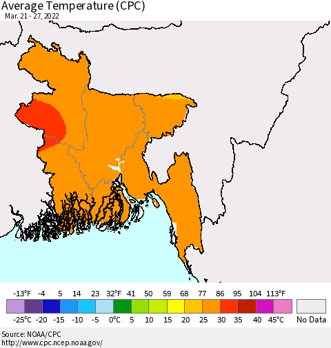 Bangladesh Average Temperature (CPC) Thematic Map For 3/21/2022 - 3/27/2022