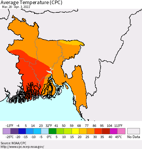 Bangladesh Average Temperature (CPC) Thematic Map For 3/28/2022 - 4/3/2022