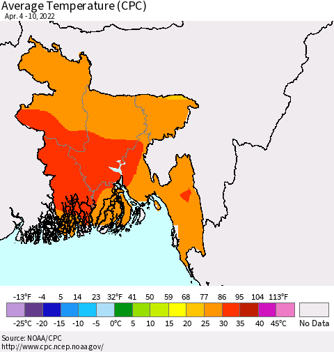 Bangladesh Average Temperature (CPC) Thematic Map For 4/4/2022 - 4/10/2022