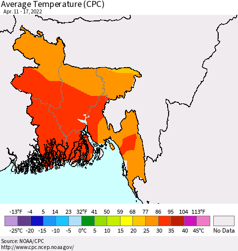 Bangladesh Average Temperature (CPC) Thematic Map For 4/11/2022 - 4/17/2022