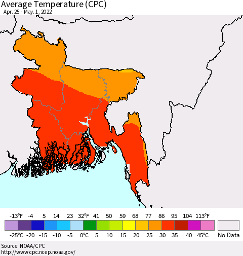 Bangladesh Average Temperature (CPC) Thematic Map For 4/25/2022 - 5/1/2022