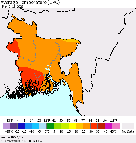 Bangladesh Average Temperature (CPC) Thematic Map For 5/9/2022 - 5/15/2022