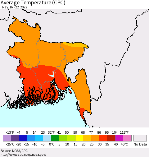 Bangladesh Average Temperature (CPC) Thematic Map For 5/16/2022 - 5/22/2022