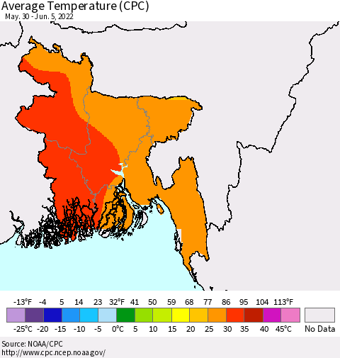 Bangladesh Average Temperature (CPC) Thematic Map For 5/30/2022 - 6/5/2022
