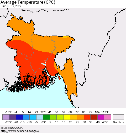 Bangladesh Average Temperature (CPC) Thematic Map For 6/6/2022 - 6/12/2022