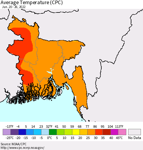 Bangladesh Average Temperature (CPC) Thematic Map For 6/20/2022 - 6/26/2022