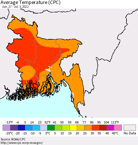 Bangladesh Average Temperature (CPC) Thematic Map For 6/27/2022 - 7/3/2022