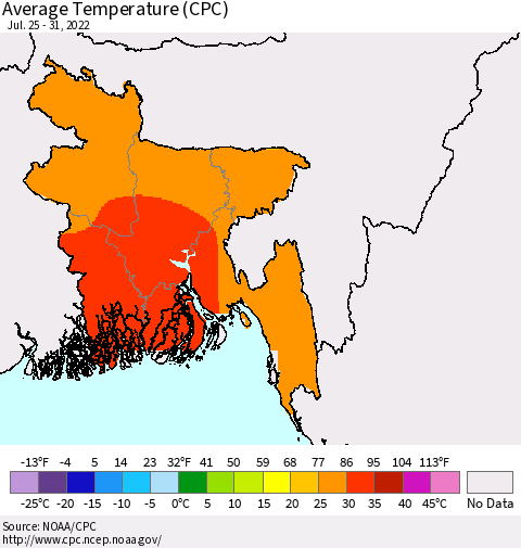 Bangladesh Average Temperature (CPC) Thematic Map For 7/25/2022 - 7/31/2022