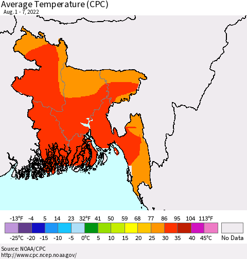 Bangladesh Average Temperature (CPC) Thematic Map For 8/1/2022 - 8/7/2022