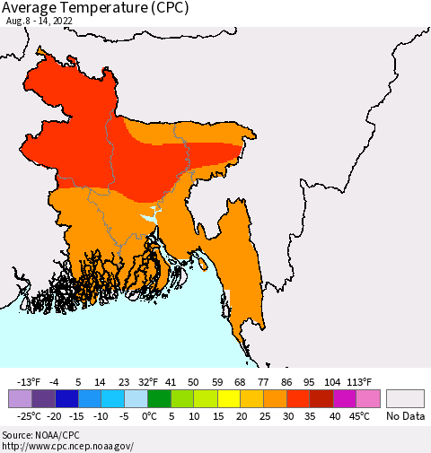 Bangladesh Average Temperature (CPC) Thematic Map For 8/8/2022 - 8/14/2022