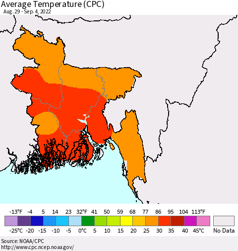 Bangladesh Average Temperature (CPC) Thematic Map For 8/29/2022 - 9/4/2022