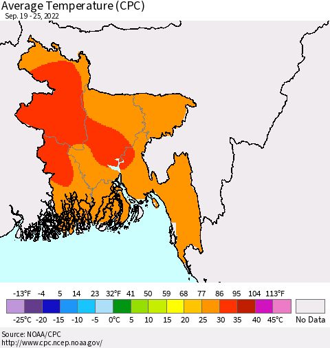Bangladesh Average Temperature (CPC) Thematic Map For 9/19/2022 - 9/25/2022