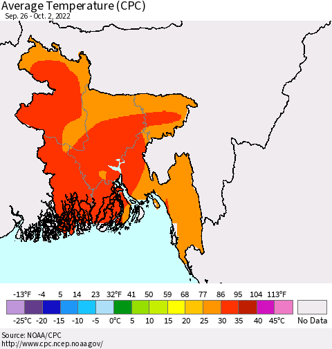 Bangladesh Average Temperature (CPC) Thematic Map For 9/26/2022 - 10/2/2022