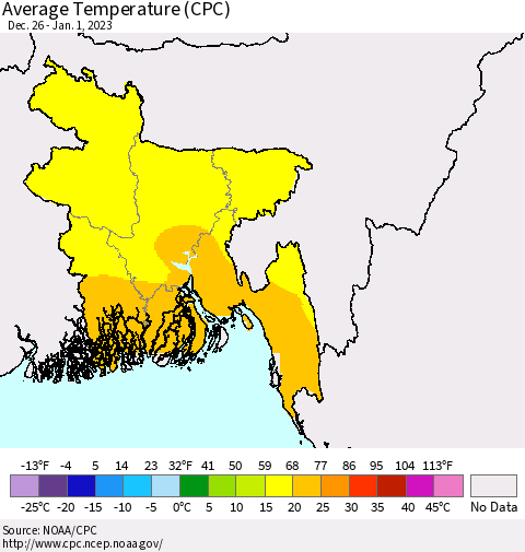 Bangladesh Average Temperature (CPC) Thematic Map For 12/26/2022 - 1/1/2023