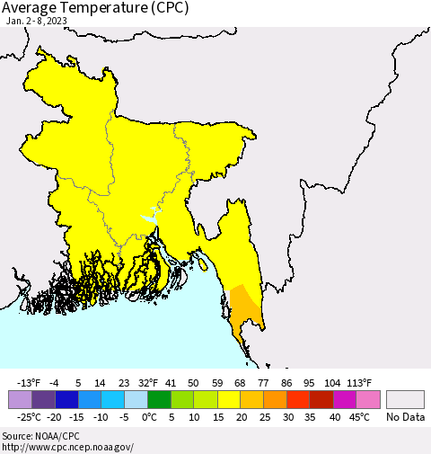 Bangladesh Average Temperature (CPC) Thematic Map For 1/2/2023 - 1/8/2023