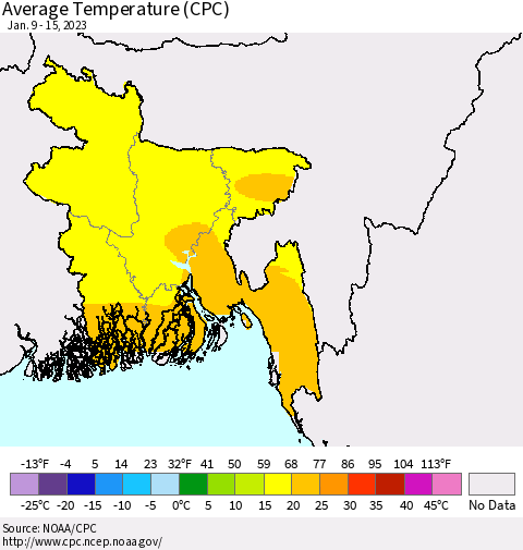 Bangladesh Average Temperature (CPC) Thematic Map For 1/9/2023 - 1/15/2023