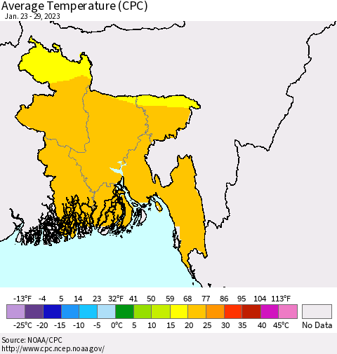 Bangladesh Average Temperature (CPC) Thematic Map For 1/23/2023 - 1/29/2023