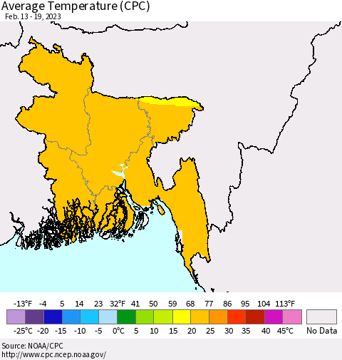 Bangladesh Average Temperature (CPC) Thematic Map For 2/13/2023 - 2/19/2023