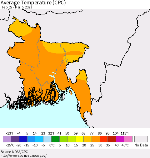 Bangladesh Average Temperature (CPC) Thematic Map For 2/27/2023 - 3/5/2023