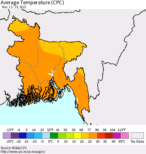 Bangladesh Average Temperature (CPC) Thematic Map For 3/13/2023 - 3/19/2023