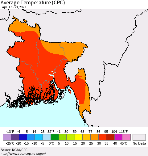 Bangladesh Average Temperature (CPC) Thematic Map For 4/17/2023 - 4/23/2023