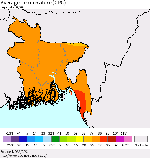 Bangladesh Average Temperature (CPC) Thematic Map For 4/24/2023 - 4/30/2023