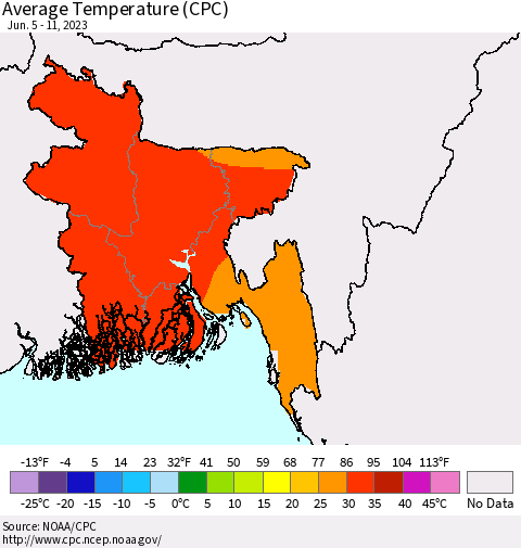 Bangladesh Average Temperature (CPC) Thematic Map For 6/5/2023 - 6/11/2023